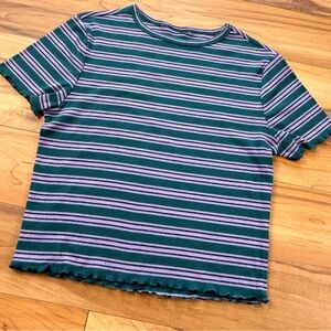 Striped Green and Purple Scalloped Hem T-Shirt